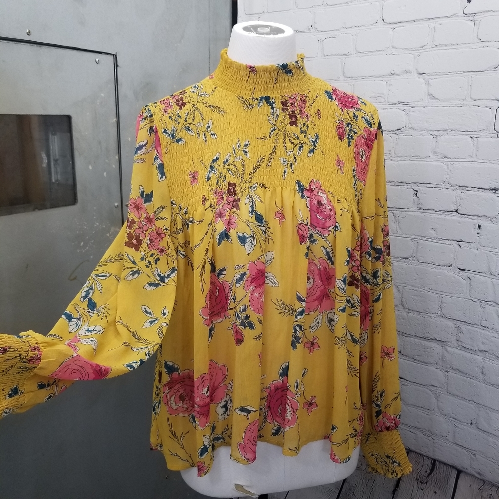 living doll Yellow Floral Smocked Mock Neck Blouse